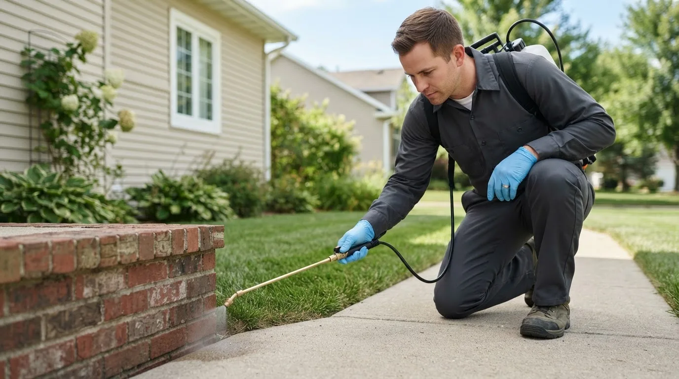 Pest control technician treating a home near Heppner, OR